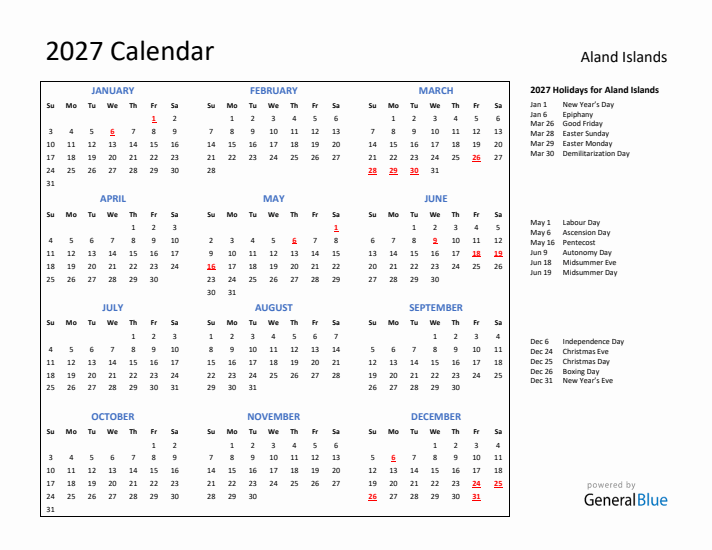 2027 Calendar with Holidays for Aland Islands