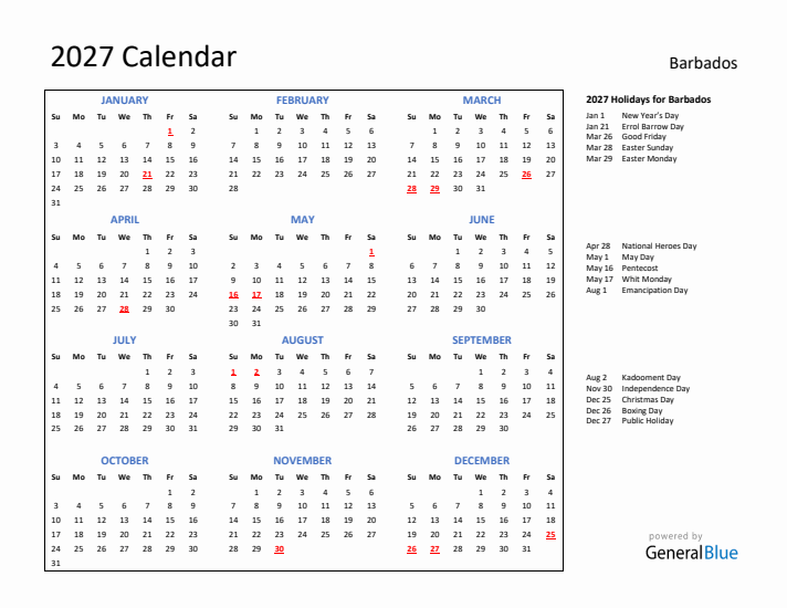2027 Calendar with Holidays for Barbados