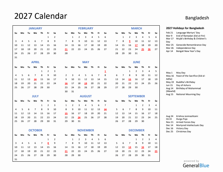 2027 Calendar with Holidays for Bangladesh