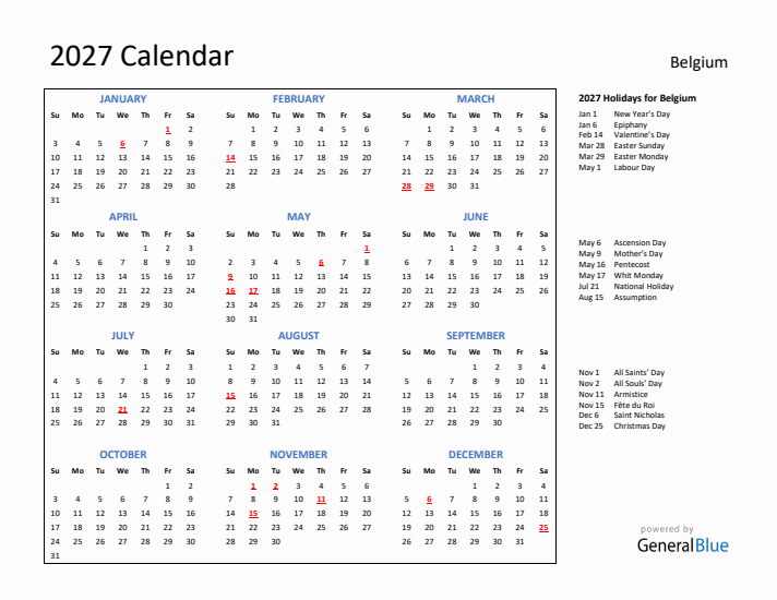 2027 Calendar with Holidays for Belgium