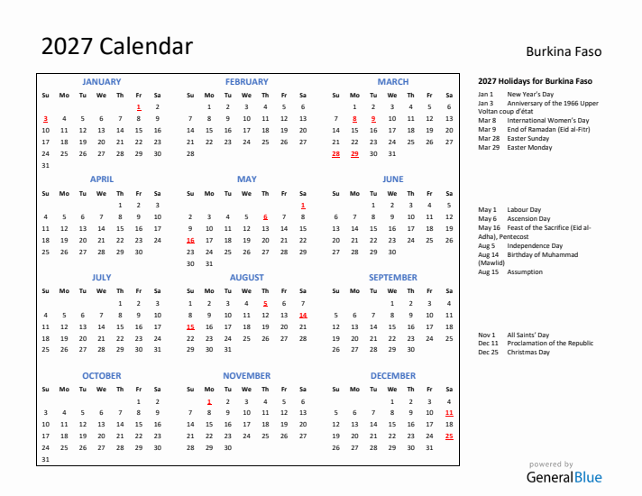 2027 Calendar with Holidays for Burkina Faso