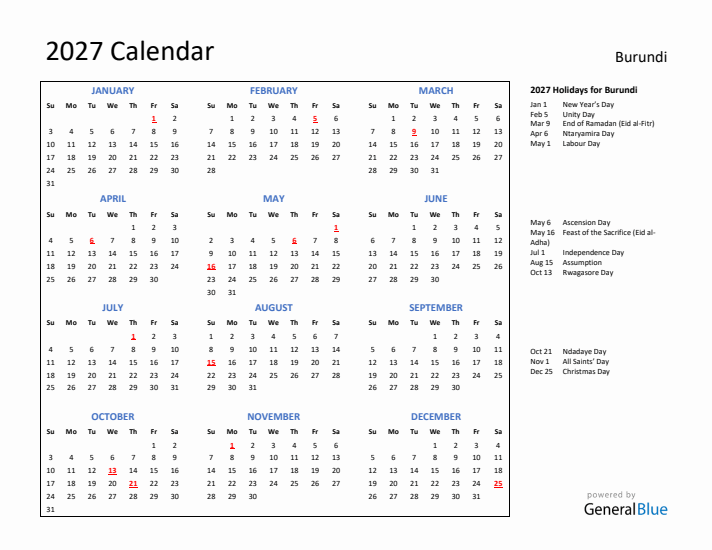 2027 Calendar with Holidays for Burundi