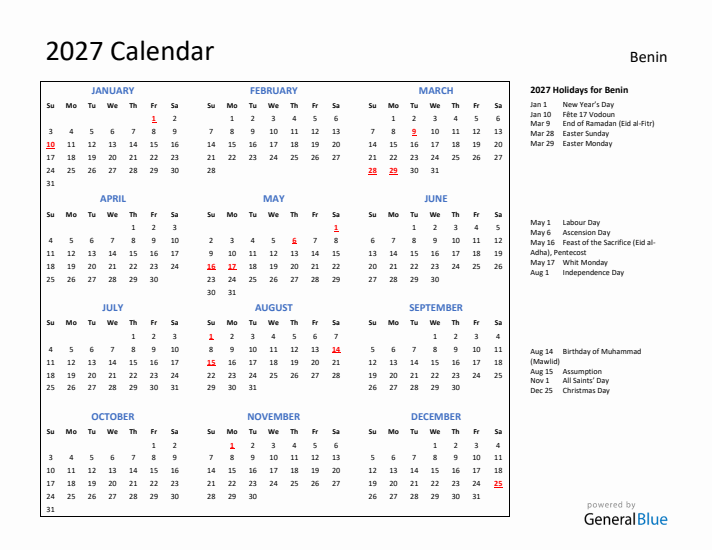 2027 Calendar with Holidays for Benin