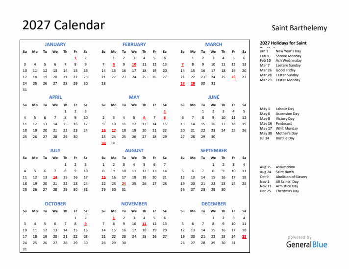 2027 Calendar with Holidays for Saint Barthelemy