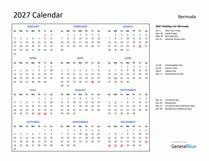 2027 Calendar with Holidays for Bermuda
