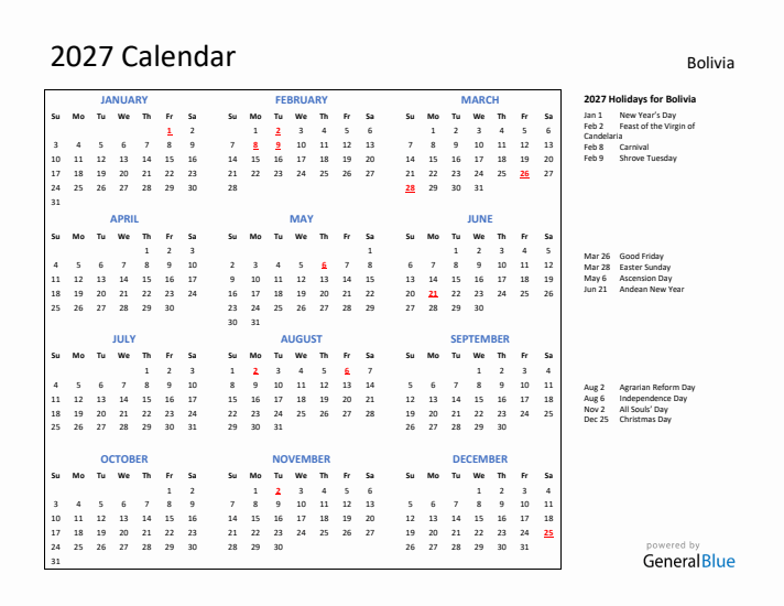2027 Calendar with Holidays for Bolivia