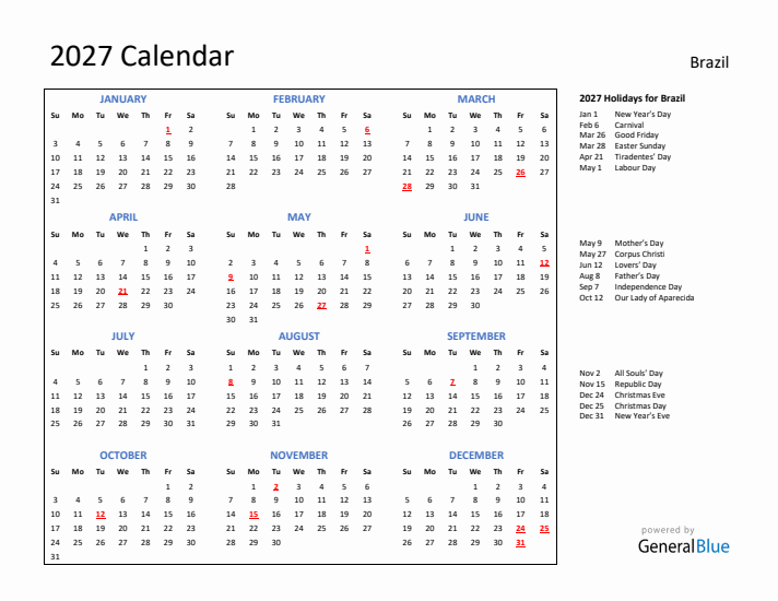 2027 Calendar with Holidays for Brazil