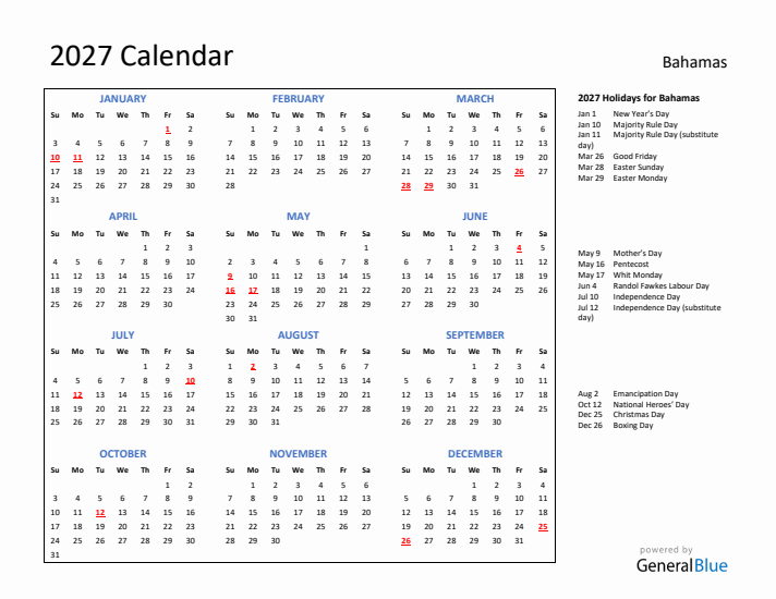 2027 Calendar with Holidays for Bahamas