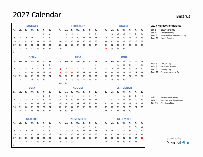 2027 Calendar with Holidays for Belarus