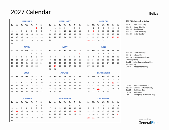 2027 Calendar with Holidays for Belize