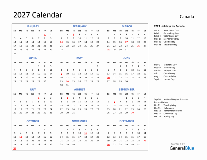 2027 Calendar with Holidays for Canada