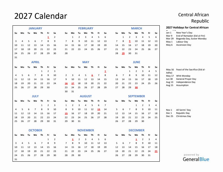 2027 Calendar with Holidays for Central African Republic