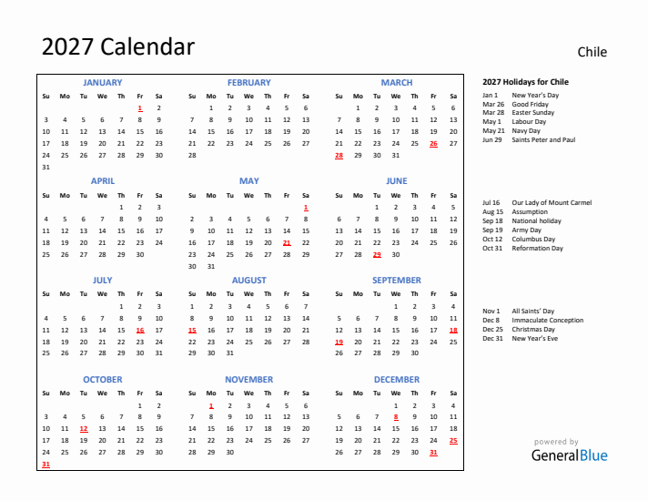 2027 Calendar with Holidays for Chile