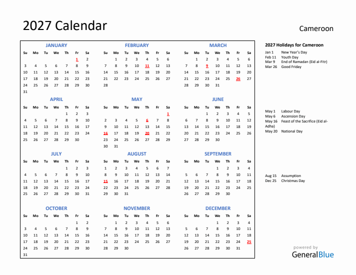 2027 Calendar with Holidays for Cameroon
