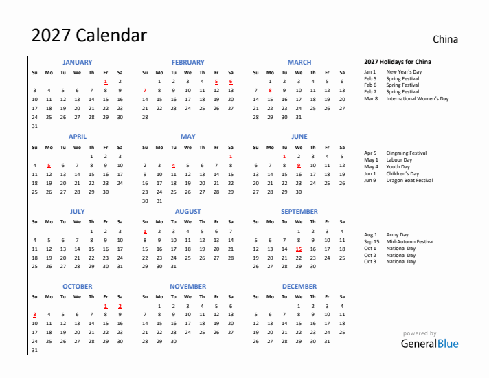 2027 Calendar with Holidays for China