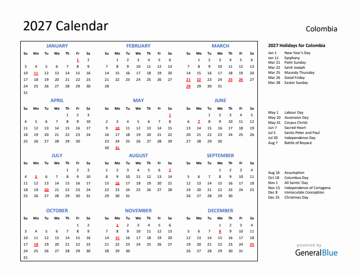 2027 Calendar with Holidays for Colombia