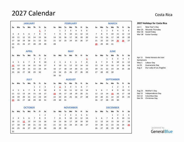 2027 Calendar with Holidays for Costa Rica