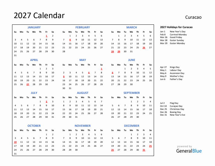 2027 Calendar with Holidays for Curacao
