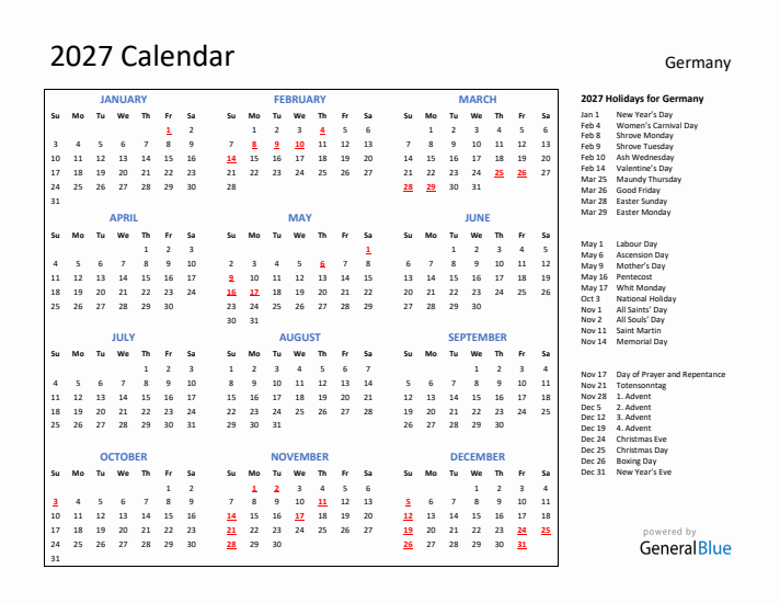 2027 Calendar with Holidays for Germany