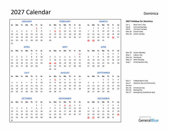 2027 Calendar with Holidays for Dominica