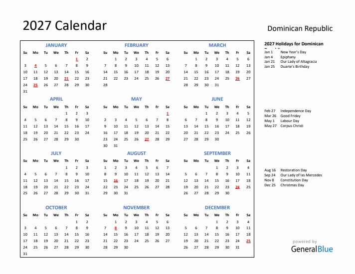 2027 Calendar with Holidays for Dominican Republic