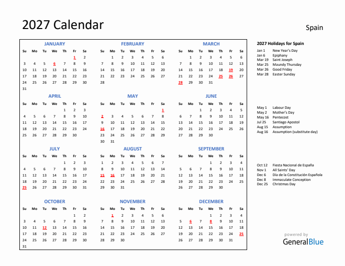 2027 Calendar with Holidays for Spain