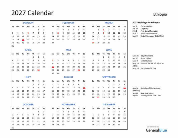 2027 Calendar with Holidays for Ethiopia