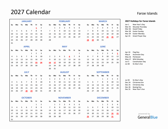 2027 Calendar with Holidays for Faroe Islands