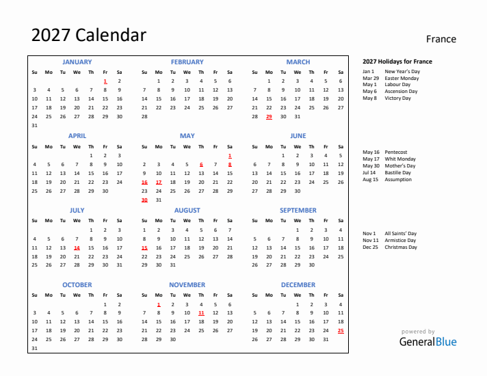 2027 Calendar with Holidays for France