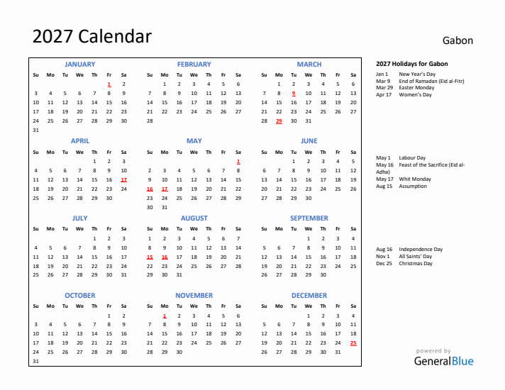 2027 Calendar with Holidays for Gabon