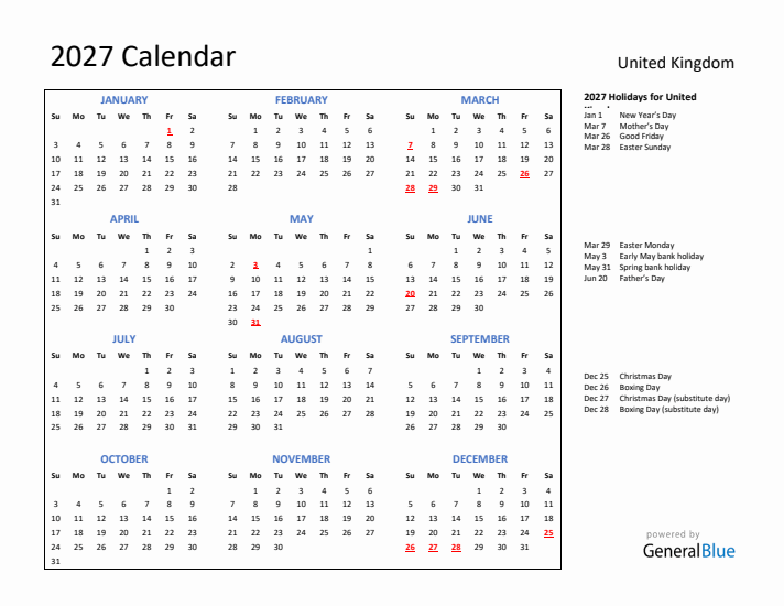 2027 Calendar with Holidays for United Kingdom
