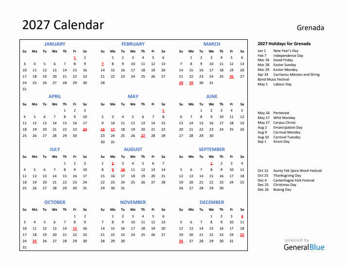 2027 Calendar with Holidays for Grenada