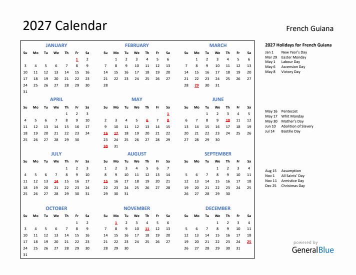 2027 Calendar with Holidays for French Guiana