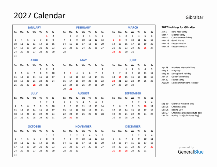 2027 Calendar with Holidays for Gibraltar