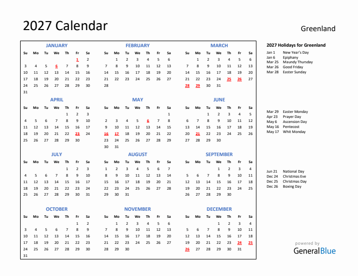 2027 Calendar with Holidays for Greenland