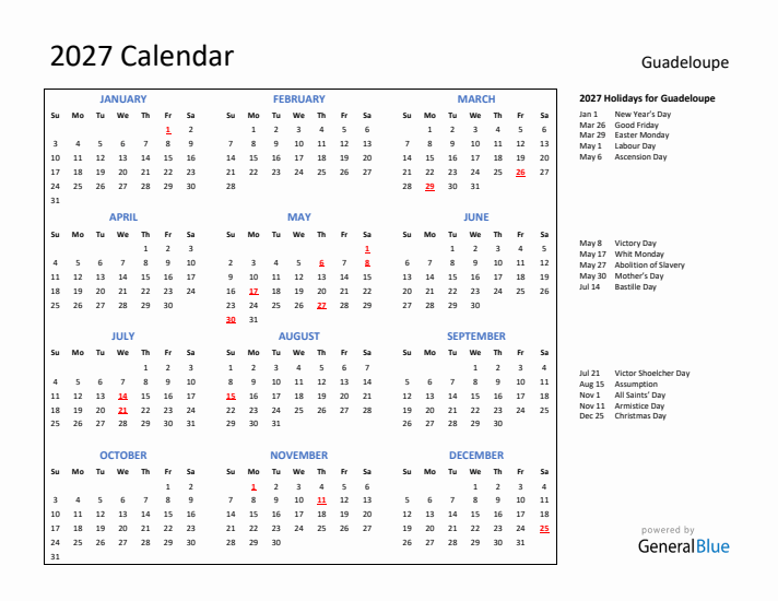 2027 Calendar with Holidays for Guadeloupe
