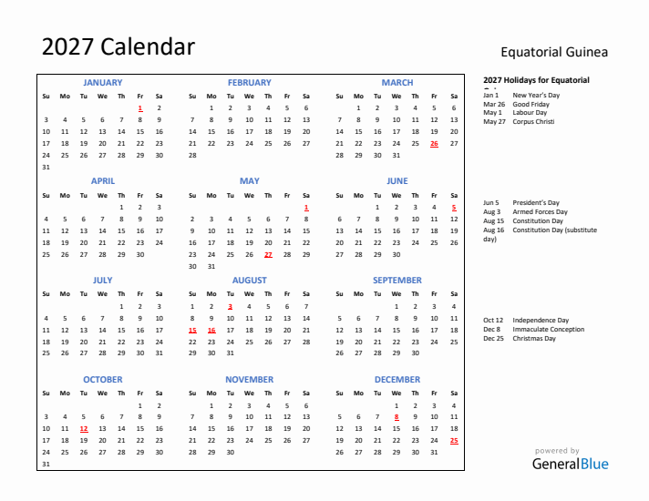 2027 Calendar with Holidays for Equatorial Guinea