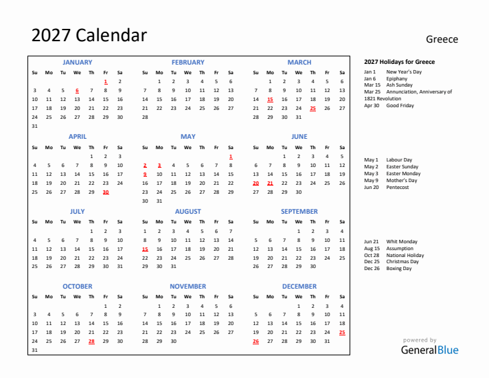 2027 Calendar with Holidays for Greece
