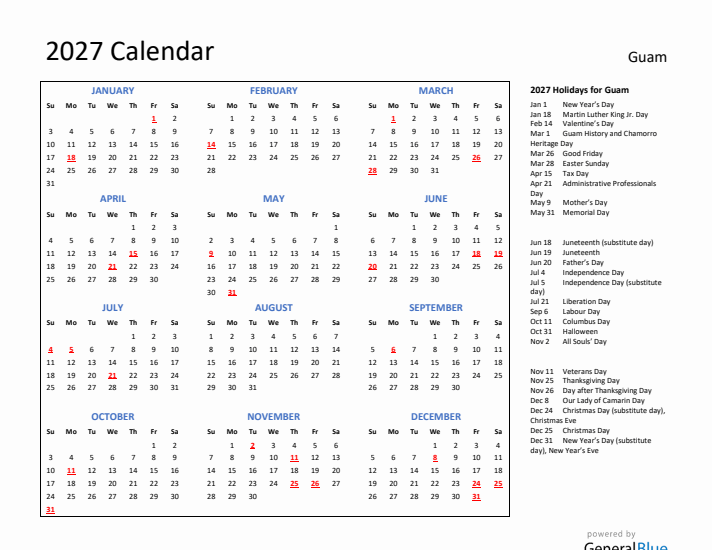 2027 Calendar with Holidays for Guam
