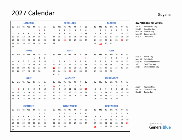 2027 Calendar with Holidays for Guyana