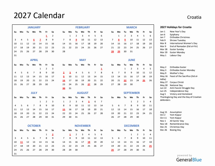2027 Calendar with Holidays for Croatia