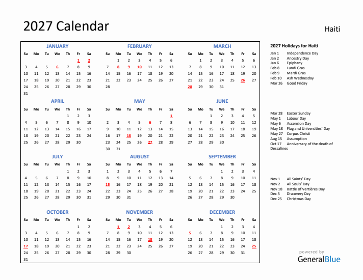 2027 Calendar with Holidays for Haiti