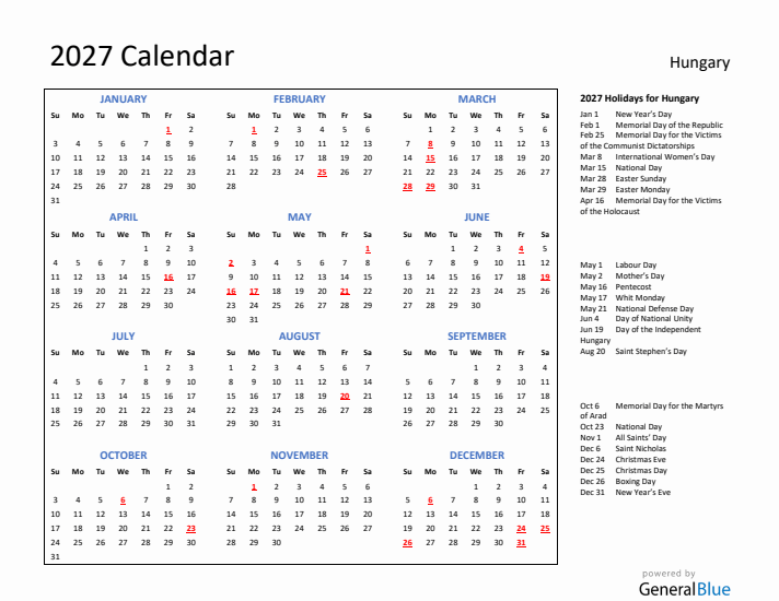 2027 Calendar with Holidays for Hungary