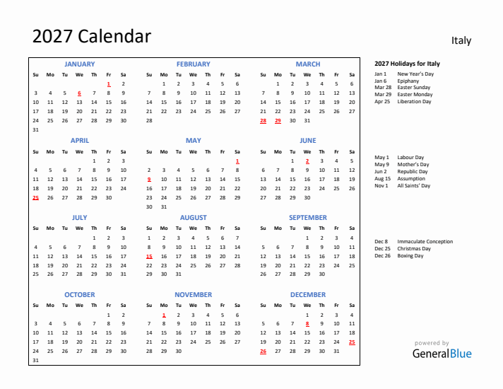 2027 Calendar with Holidays for Italy
