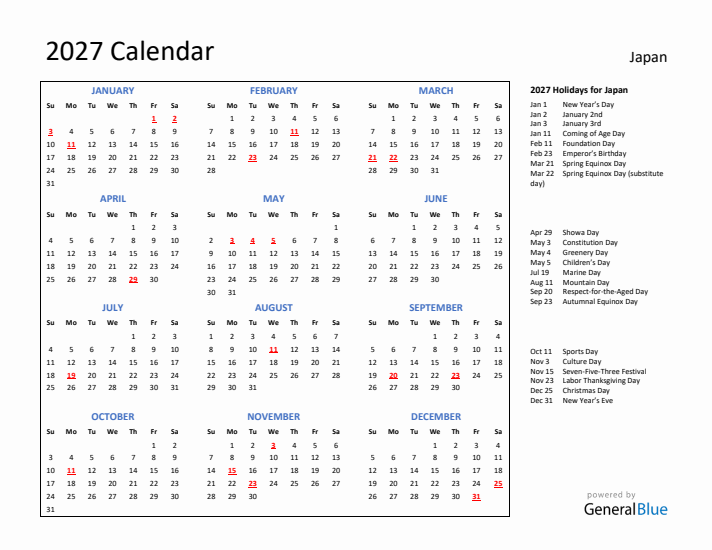 2027 Calendar with Holidays for Japan