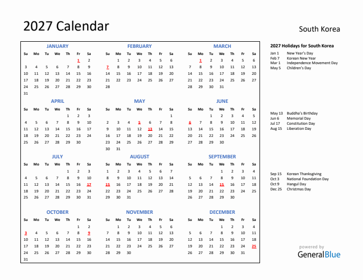 2027 Calendar with Holidays for South Korea