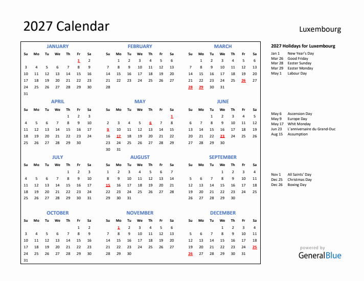2027 Calendar with Holidays for Luxembourg