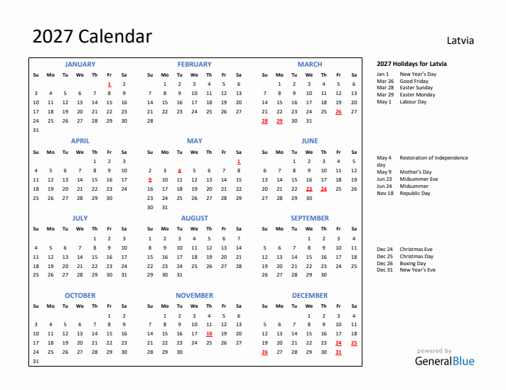 2027 Calendar with Holidays for Latvia