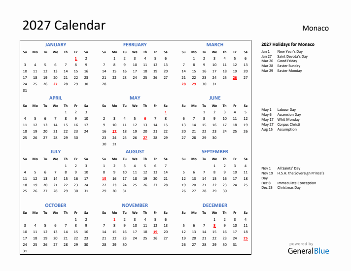 2027 Calendar with Holidays for Monaco
