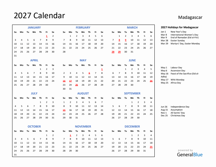 2027 Calendar with Holidays for Madagascar